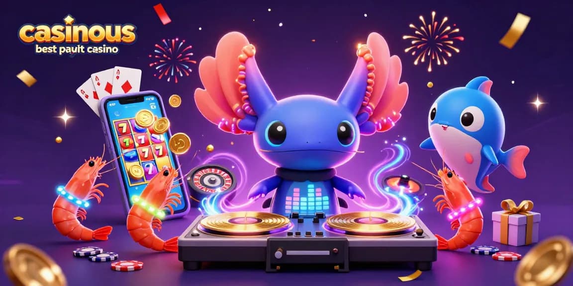 casinous best payout casino features a vibrant axolotl DJ, shrimp dancers, and dynamic casino elements