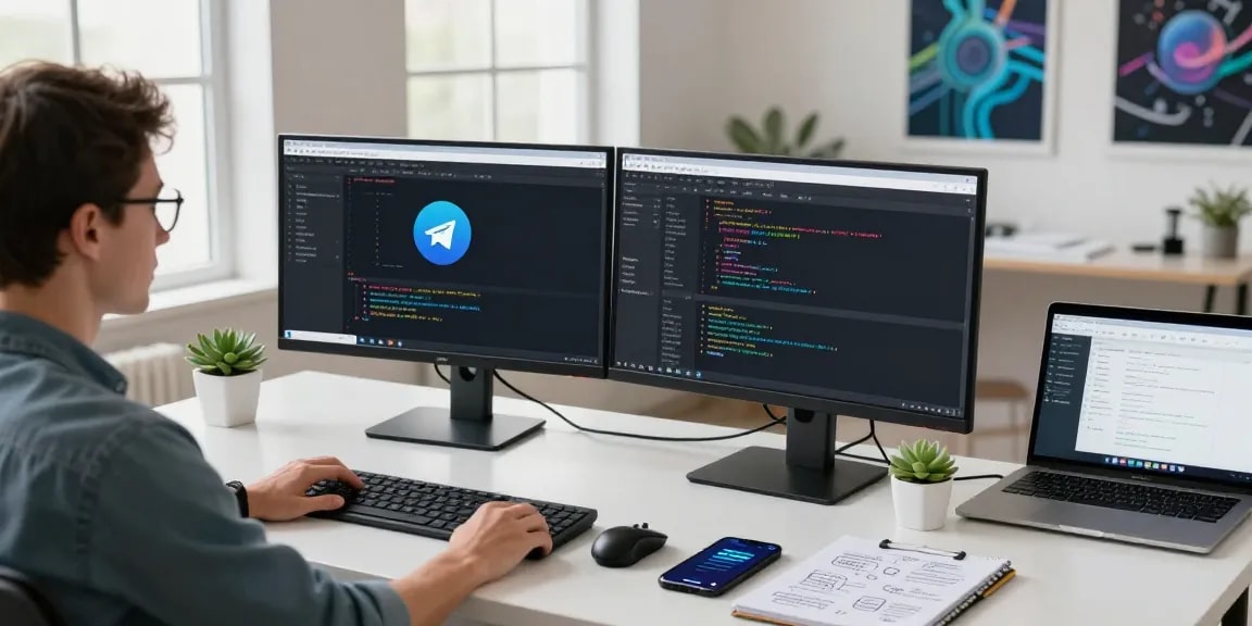 Using Telegram Web Version on dual monitors in a modern workspace, showcasing productivity.