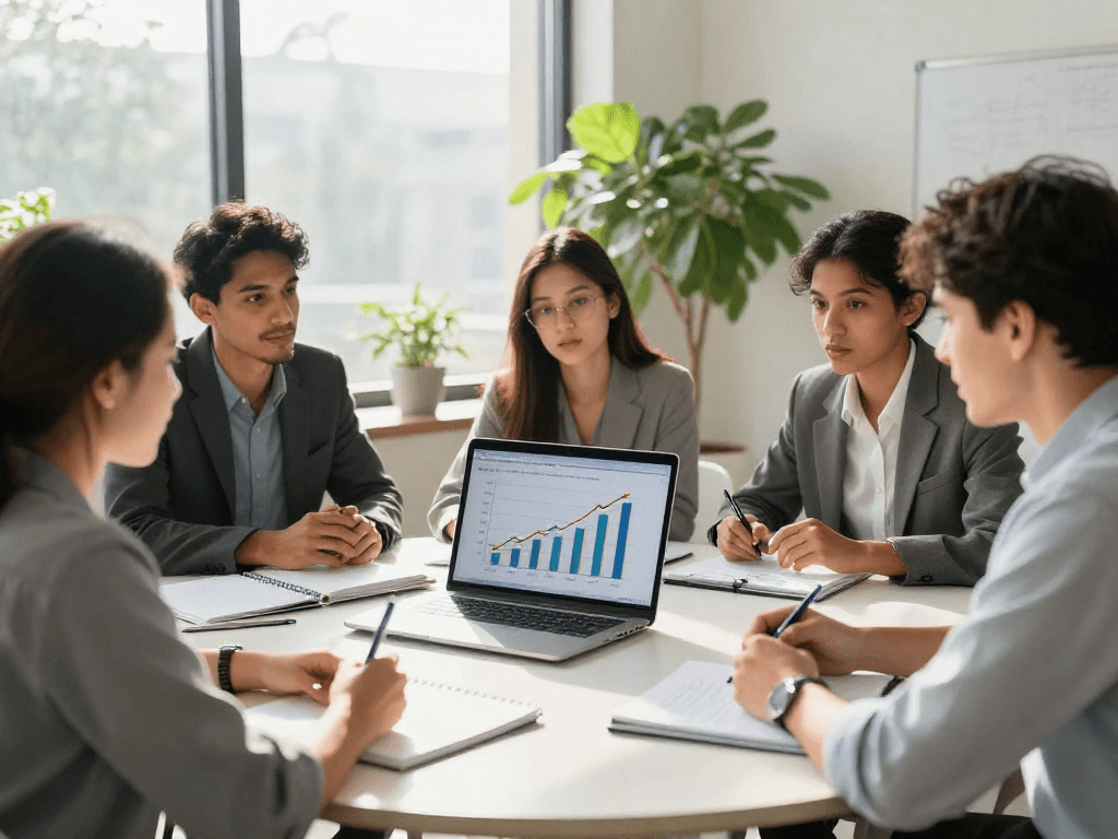 Zakelijke lening zonder jaarcijfers besproken in diverse teamvergadering met laptoppresentatie