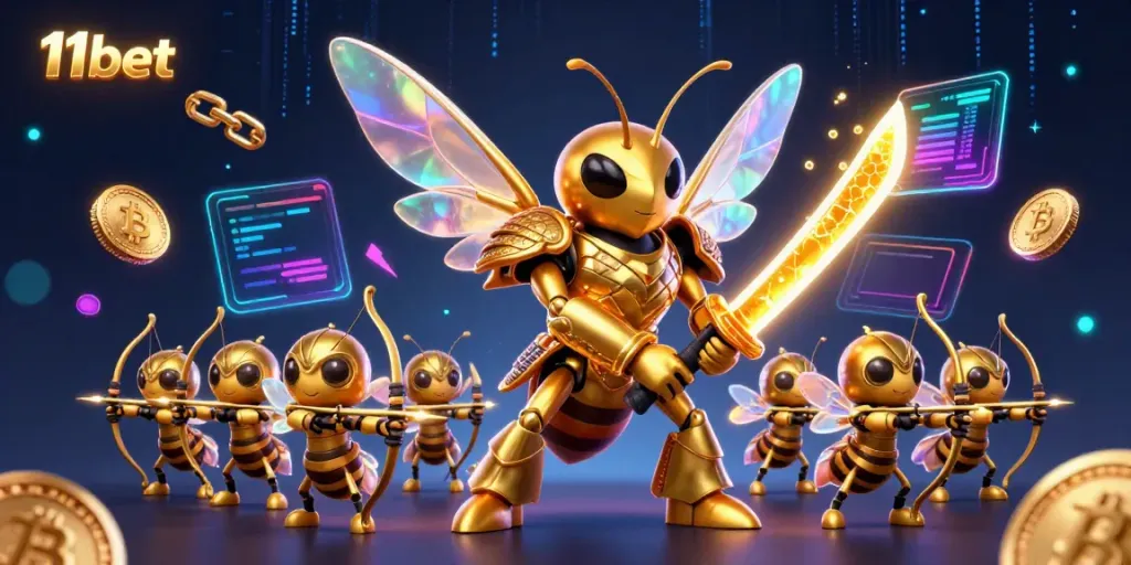 Experience thrilling gameplay at 11bet with dynamic casino visuals and crypto symbols.