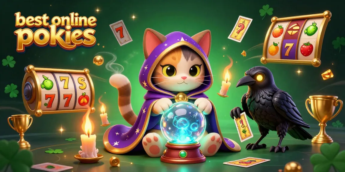 Explore the best online pokies in a vibrant, mystical scene featuring a fortune teller cat and dynamic slot elements.