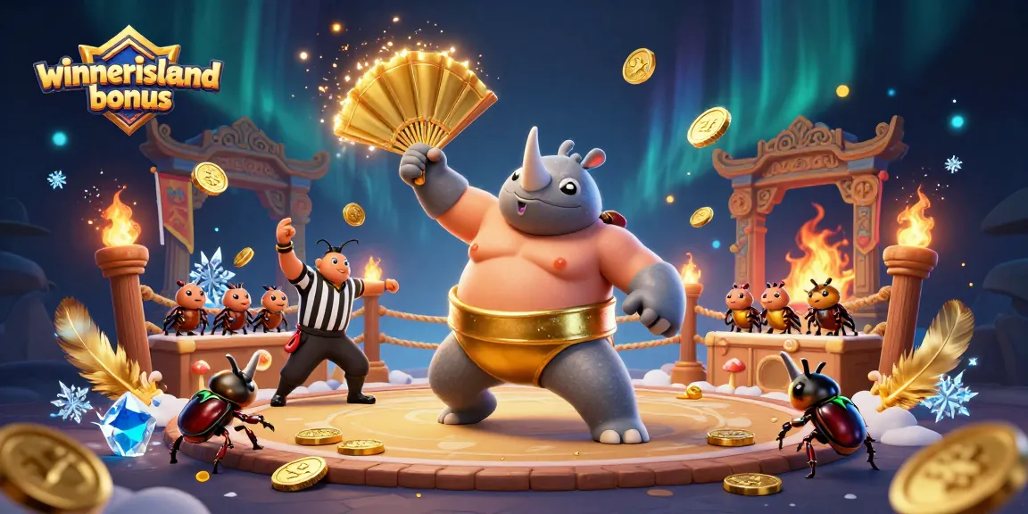 Experience the winnerisland bonus with a vibrant 3D scene of gaming excitement, featuring beetle champions and sparkling coins.