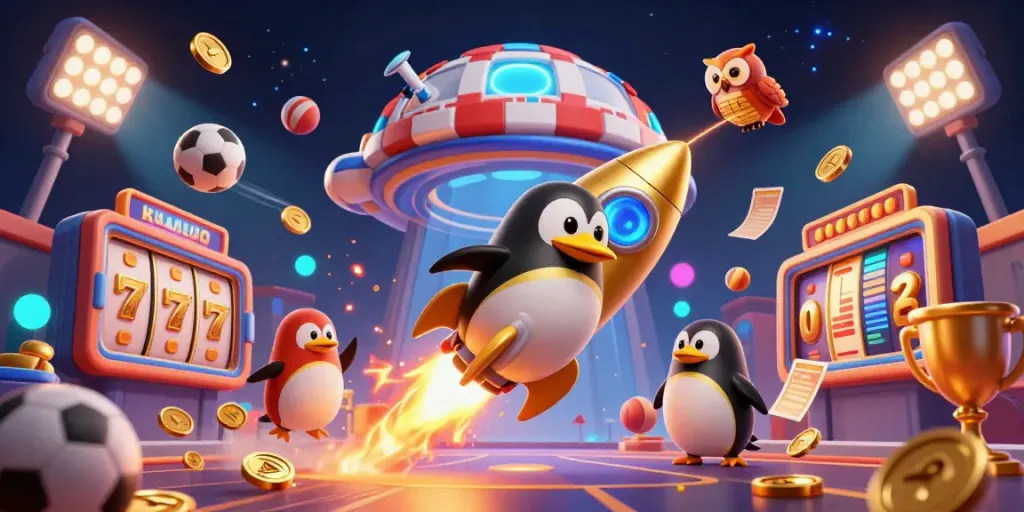 Gambarkan KANGTOTO dengan penguin emas yang meluncur dalam permainan slot menggoda pada latar belakang kasino.