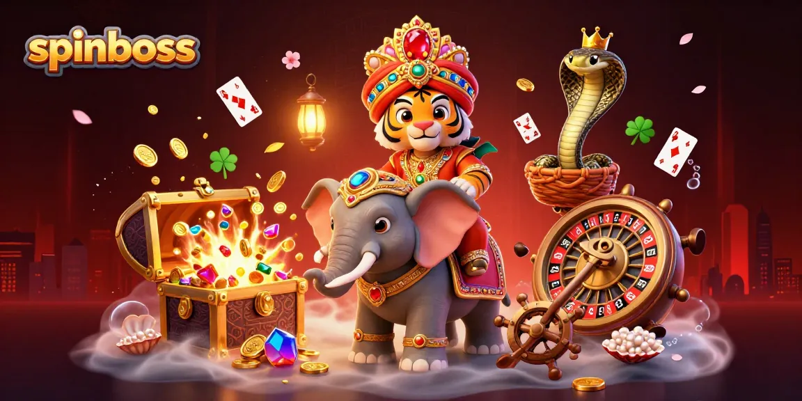 Experience thrilling gameplay at Spinboss with a tiger riding an elephant surrounded by casino elements.