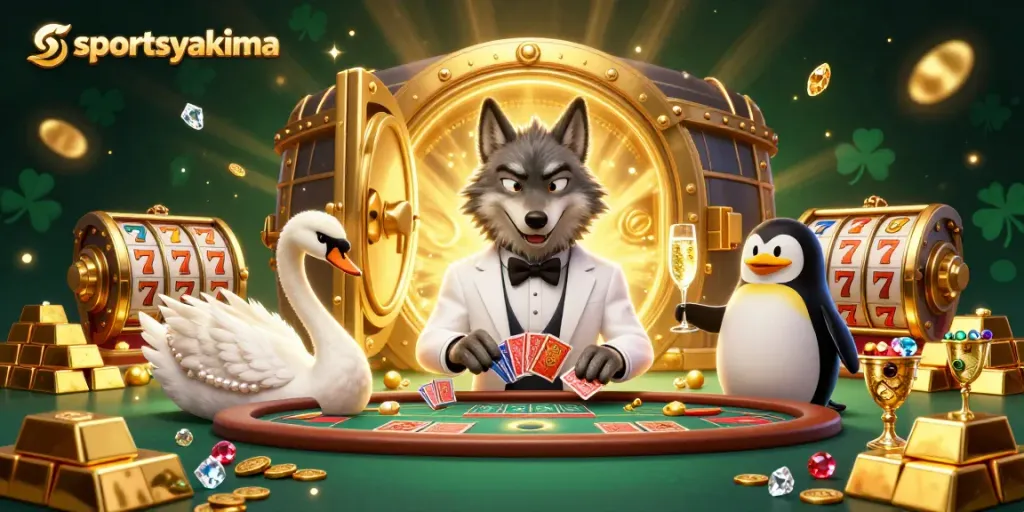 Engage with sportsyakima's vibrant casino scene featuring a debonair wolf at baccarat and slot reels.
