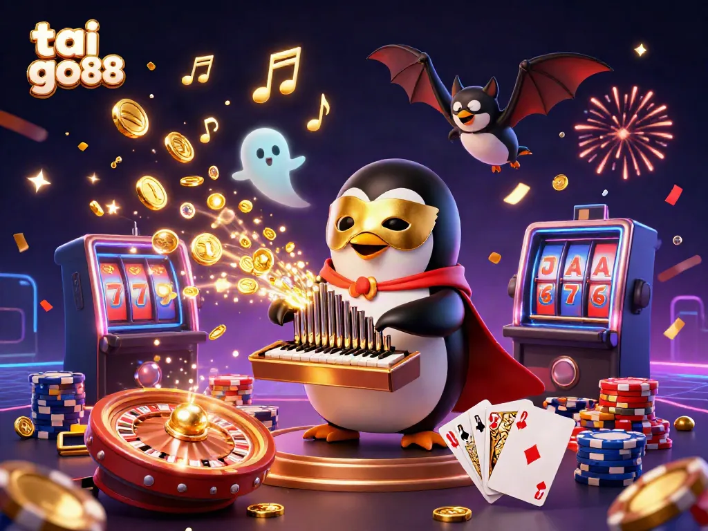 Experience the excitement of tai go88 with a vibrant casino scene showcasing a penguin playing a golden-organ pipe.