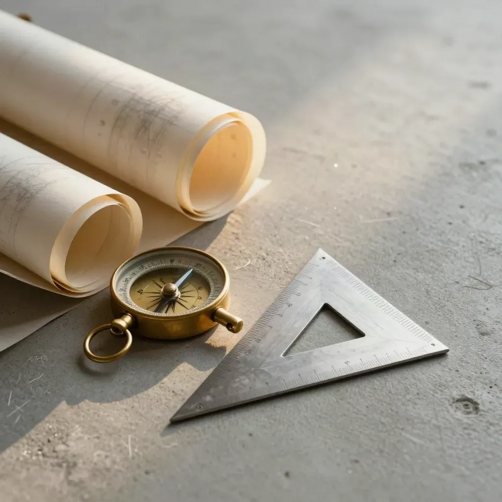 Architectuurtools op beton: koperen passer, tracingpapier en stalen driehoek in zacht licht.