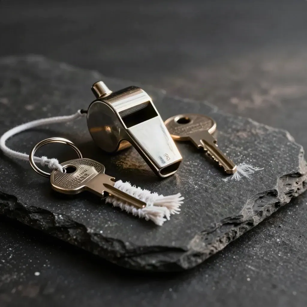 Macro van een sportclub-fluit, lockersleutel en badgeclip op zwarte steen.