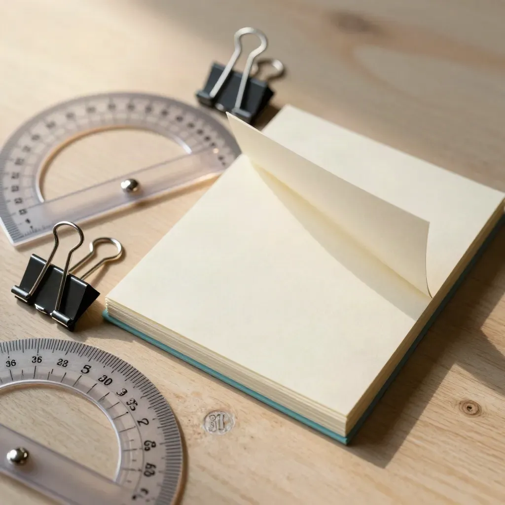 Chalkprotractor, binders en kaartjes op licht eikenhout, met een opgetilde hoek en teal accent.