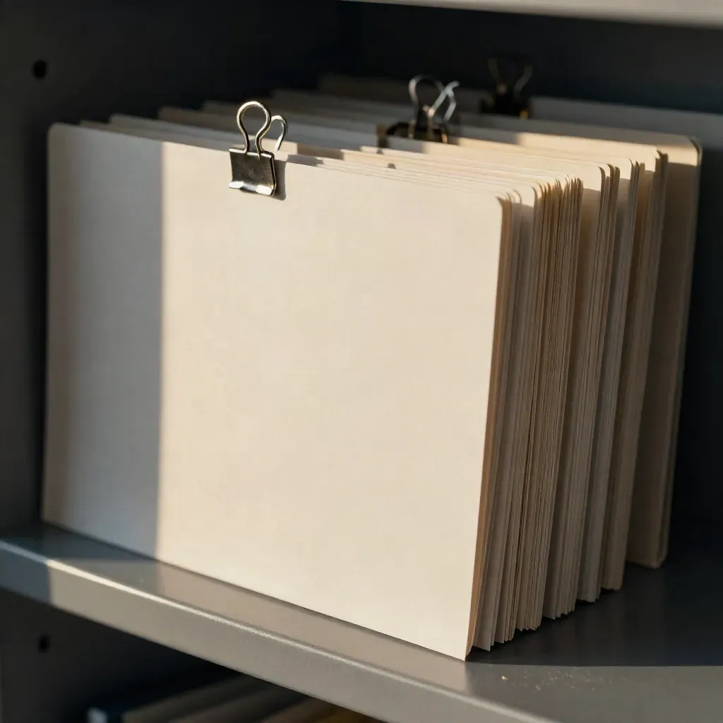 Geordende tabbladen, metalen clip en indexdivider op een donkere archieflade.