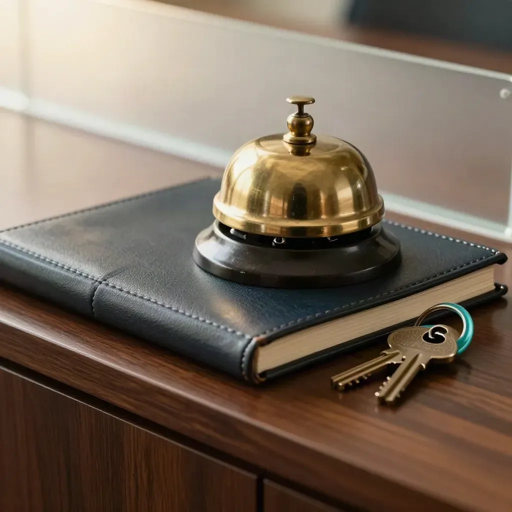 Brass bel, gesloten minuutboek en sleutels op een boardroomkast achter frosted glas.