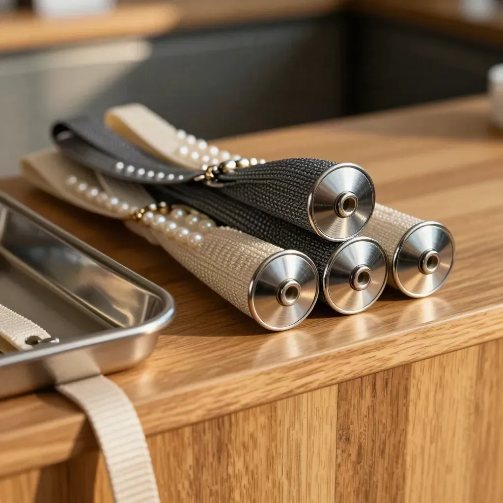 Rolled lanyards, badge reels en stalen tray in close-up achter een zachte strap