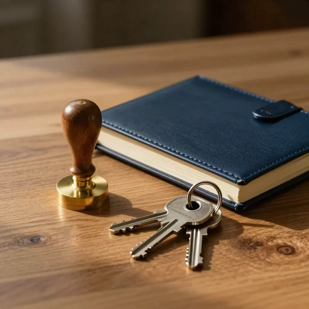 Brass stempel, gesloten agenda en sleutels op warm eiken met donkere achtergrond.