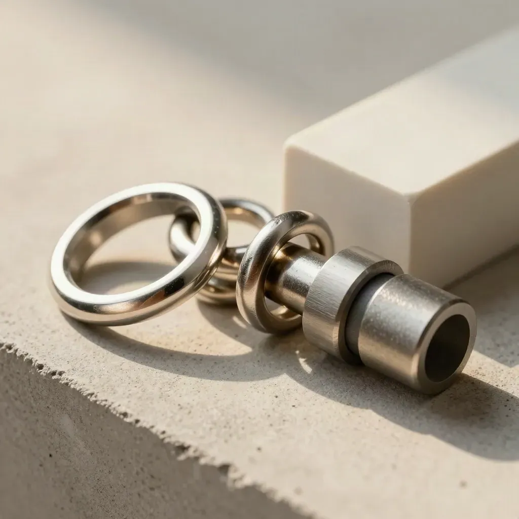 Macroscherp still life van metalen ringen, brugblok en connector op ruwe betonplaat.