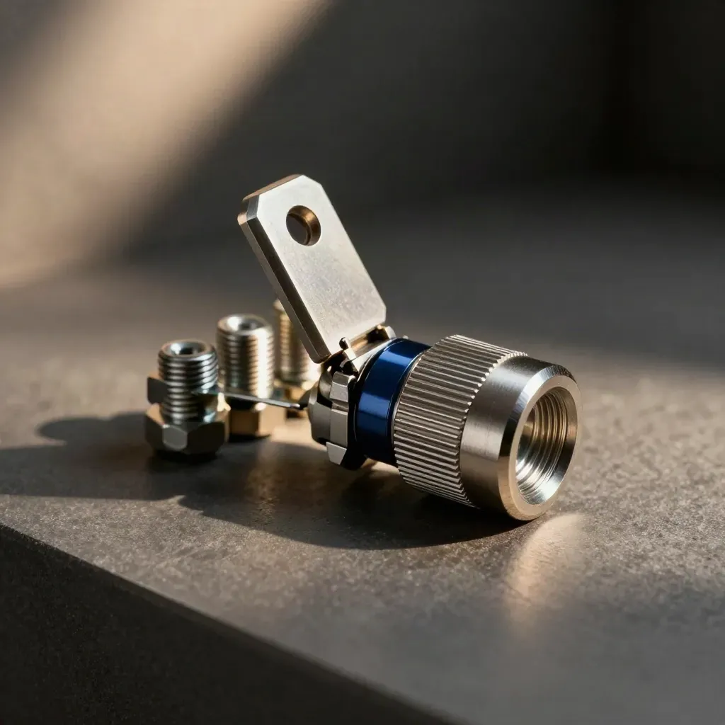 Technische metalen connectoren in dramatisch licht op een donkere ondergrond.