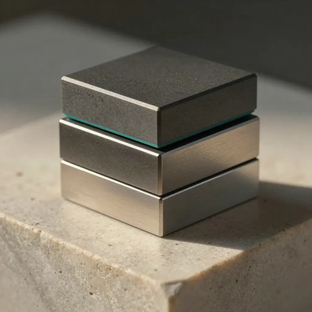 Bovenaanzicht van magnetische blokken, spacer en paperweight op licht kalksteen met een teal accent.