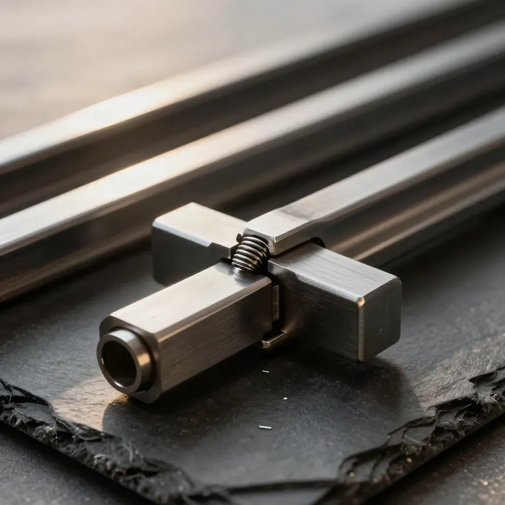Machinale metalen balken met klem op donkere leisteen, zacht verlicht in een premium still life.