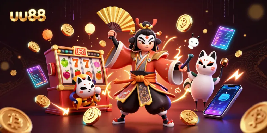 Engage with thrilling slots and cryptocurrency visuals at uu88, featuring a vibrant illustration.