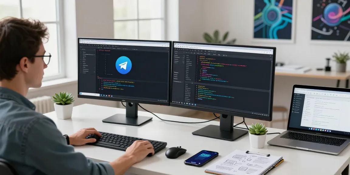 Using Telegram Web Version on dual monitors in a modern workspace, showcasing productivity.