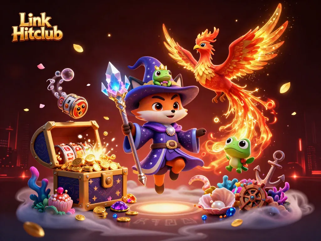 Engage with Link Hitclub in a vibrant, rich gaming environment featuring mystical characters and dynamic casino elements.