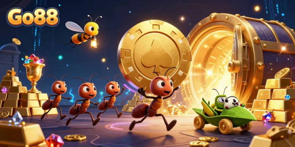 Engage with the Go88 casino adventure as ants steal a giant poker chip amid dazzling gold.
