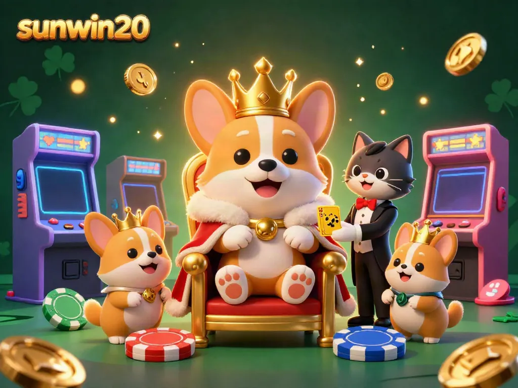 Engage in exciting gameplay at sunwin20 featuring a royal corgi on a poker chip throne.