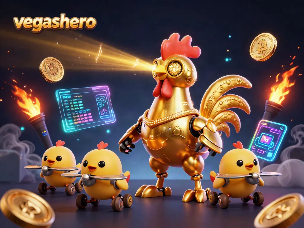 Engage with vegashero's electrifying games featuring a golden rooster robot and crypto elements!