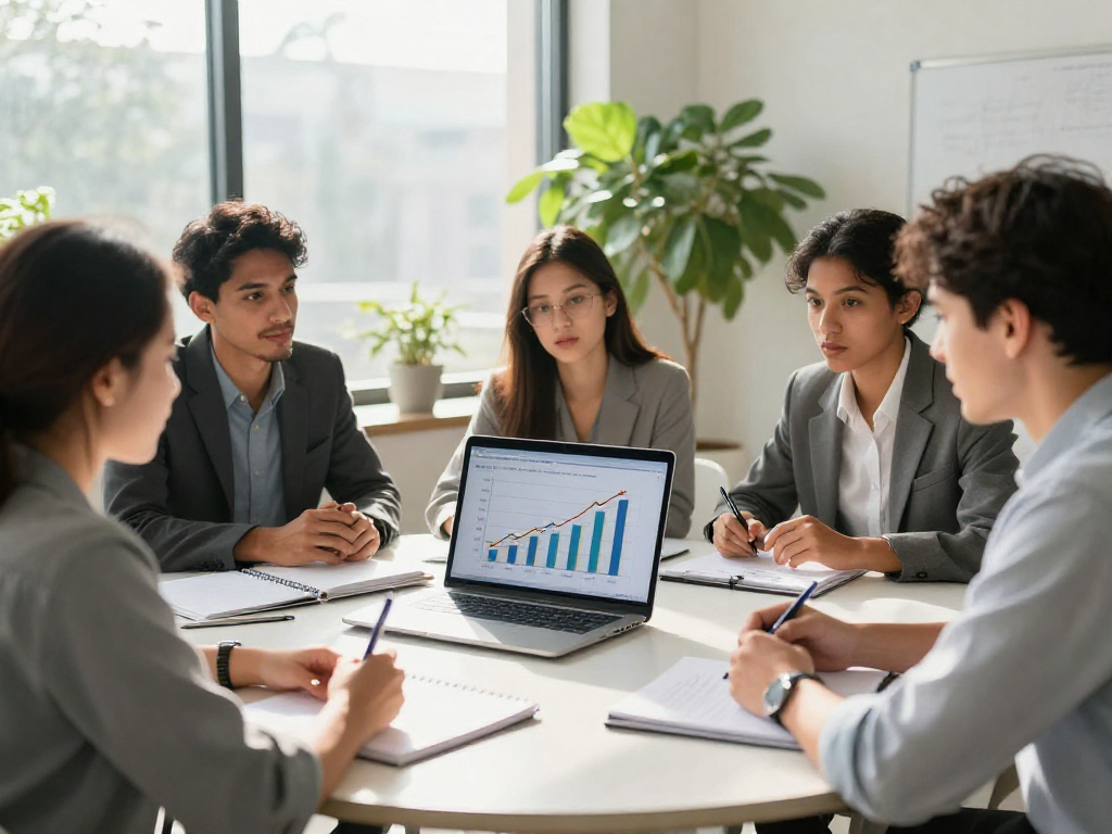 Zakelijke lening zonder jaarcijfers besproken in diverse teamvergadering met laptoppresentatie
