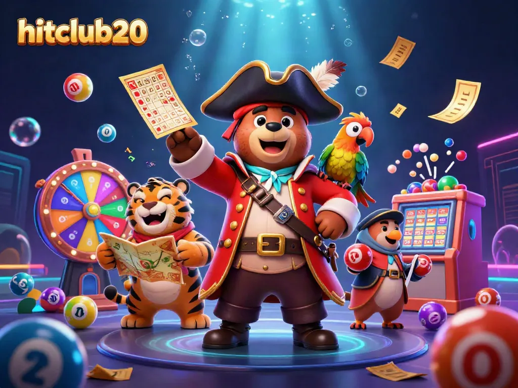Experience the excitement with hitclub20 as colorful lottery balls and treasures surround a pirate captain bear and his crew.