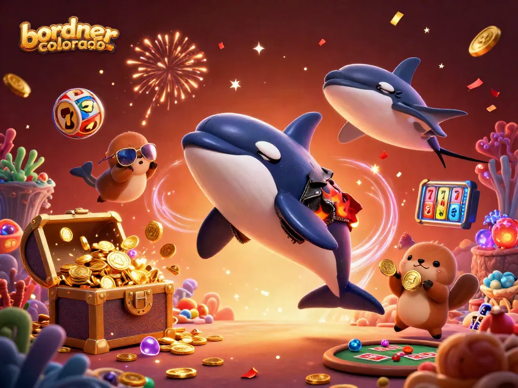 Engage with bordnercolorado in a dynamic casino-themed underwater illustration featuring a whale and otters.