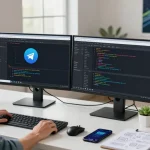 Using Telegram Web Version on dual monitors in a modern workspace, showcasing productivity.