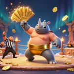 Experience the winnerisland bonus with a vibrant 3D scene of gaming excitement, featuring beetle champions and sparkling coins.