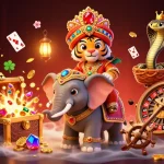 Experience thrilling gameplay at Spinboss with a tiger riding an elephant surrounded by casino elements.