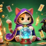 Explore the best online pokies in a vibrant, mystical scene featuring a fortune teller cat and dynamic slot elements.